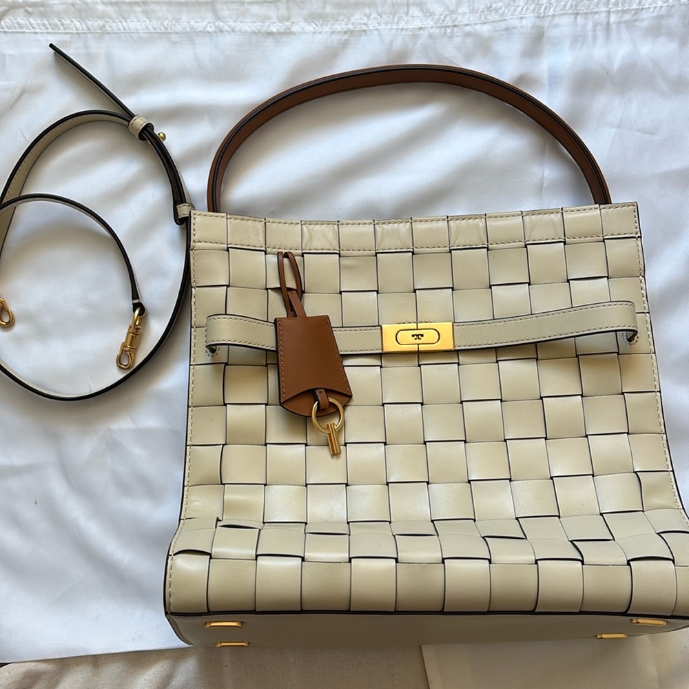 Tory Burch Lee Radziwill Woven Leather Double Bag (Buttermilk)